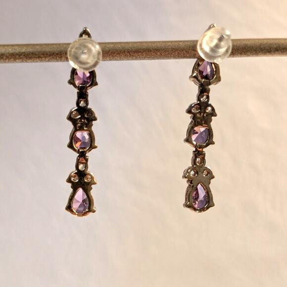 925 Sterling Gold Vermeil Triple Purple Crystal CZ Dangle 1.25" Long Earrings - Picture 2 of 4